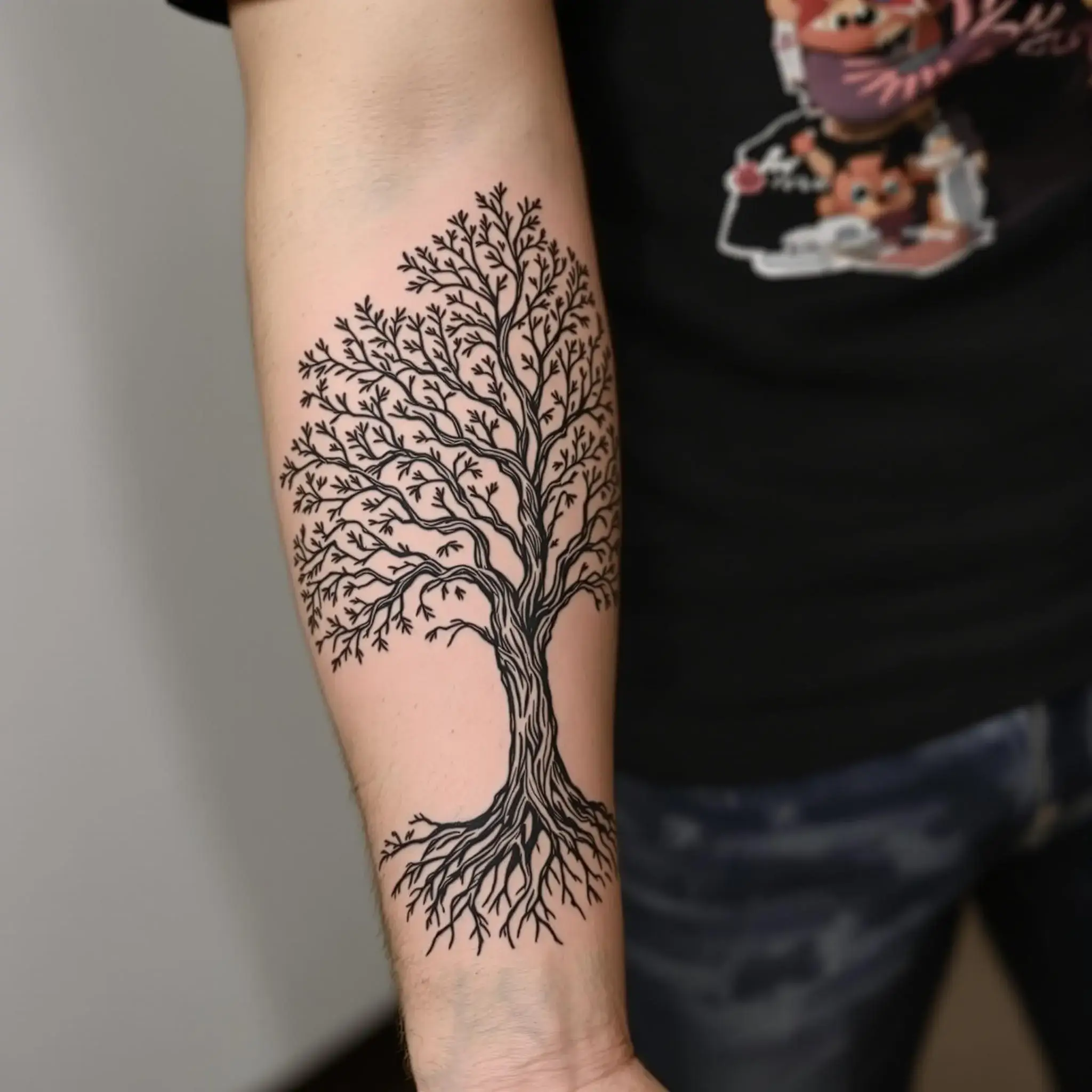 Un tatouage d'arbre détaillé sur l'avant-bras d'un homme
