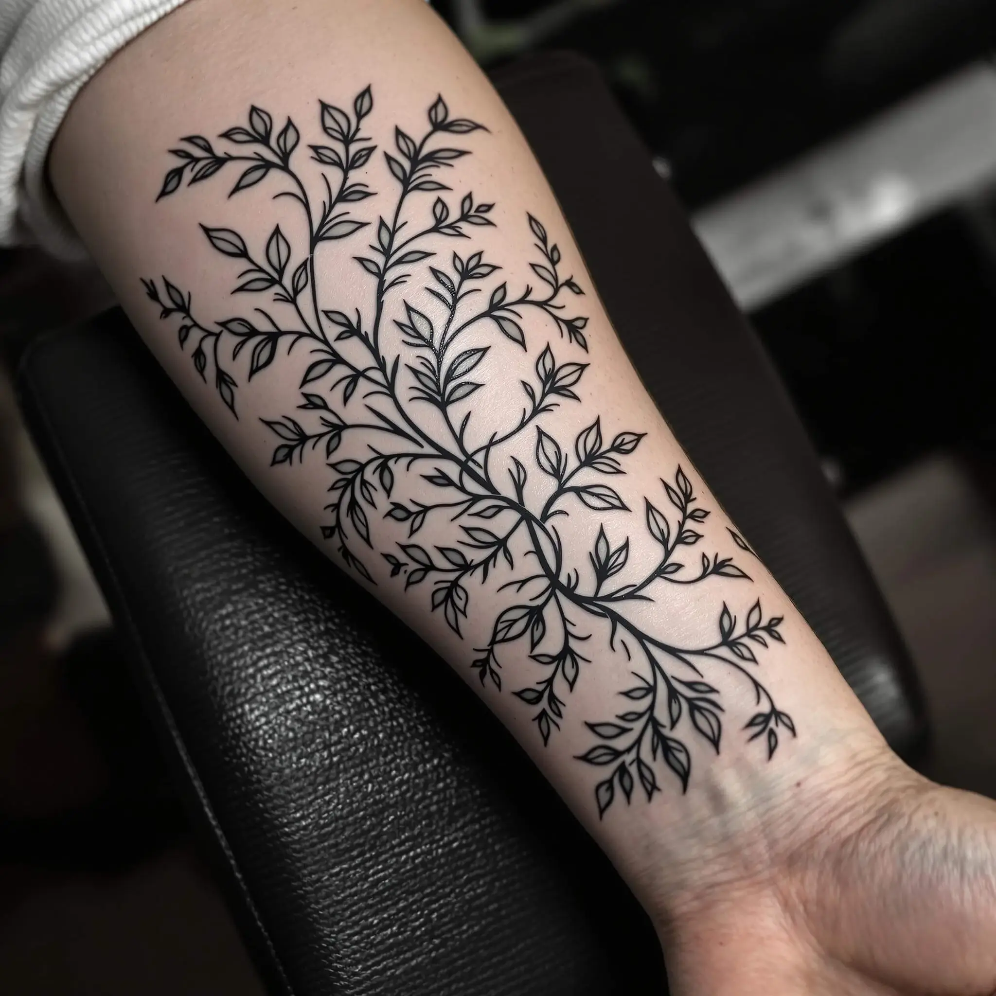 Un tatouage sur l'avant-bras présentant des feuilles et des lianes complexes