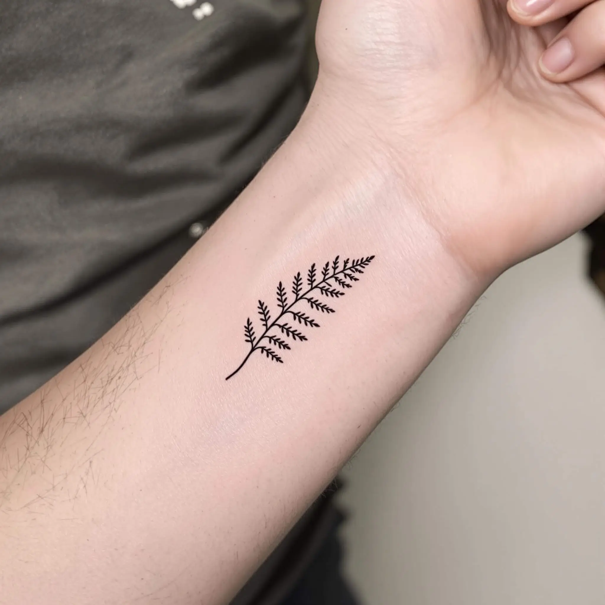 Un tatouage minimaliste de fougère sur le poignet d'un homme