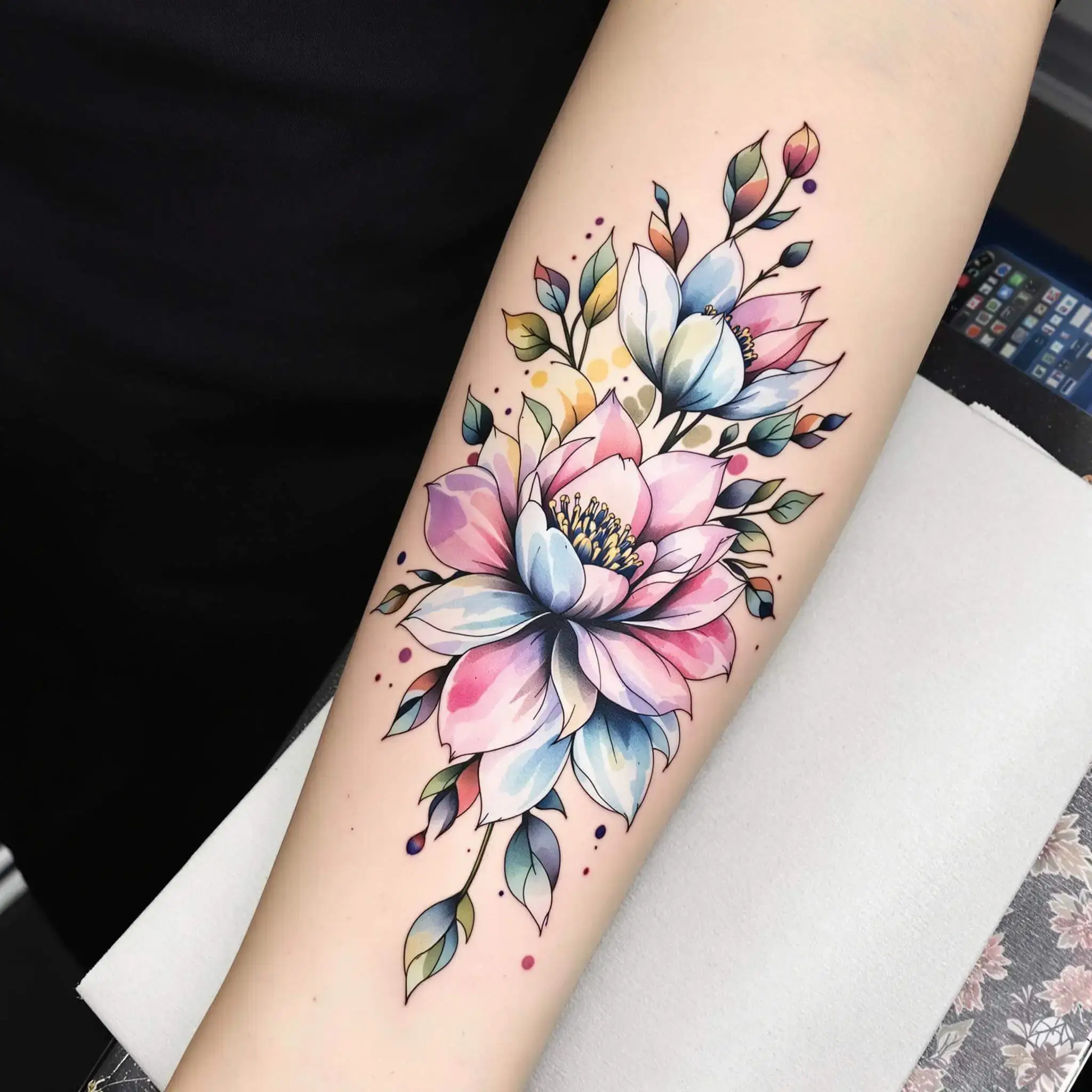 Multicolor watercolor flower tattoo on forearm