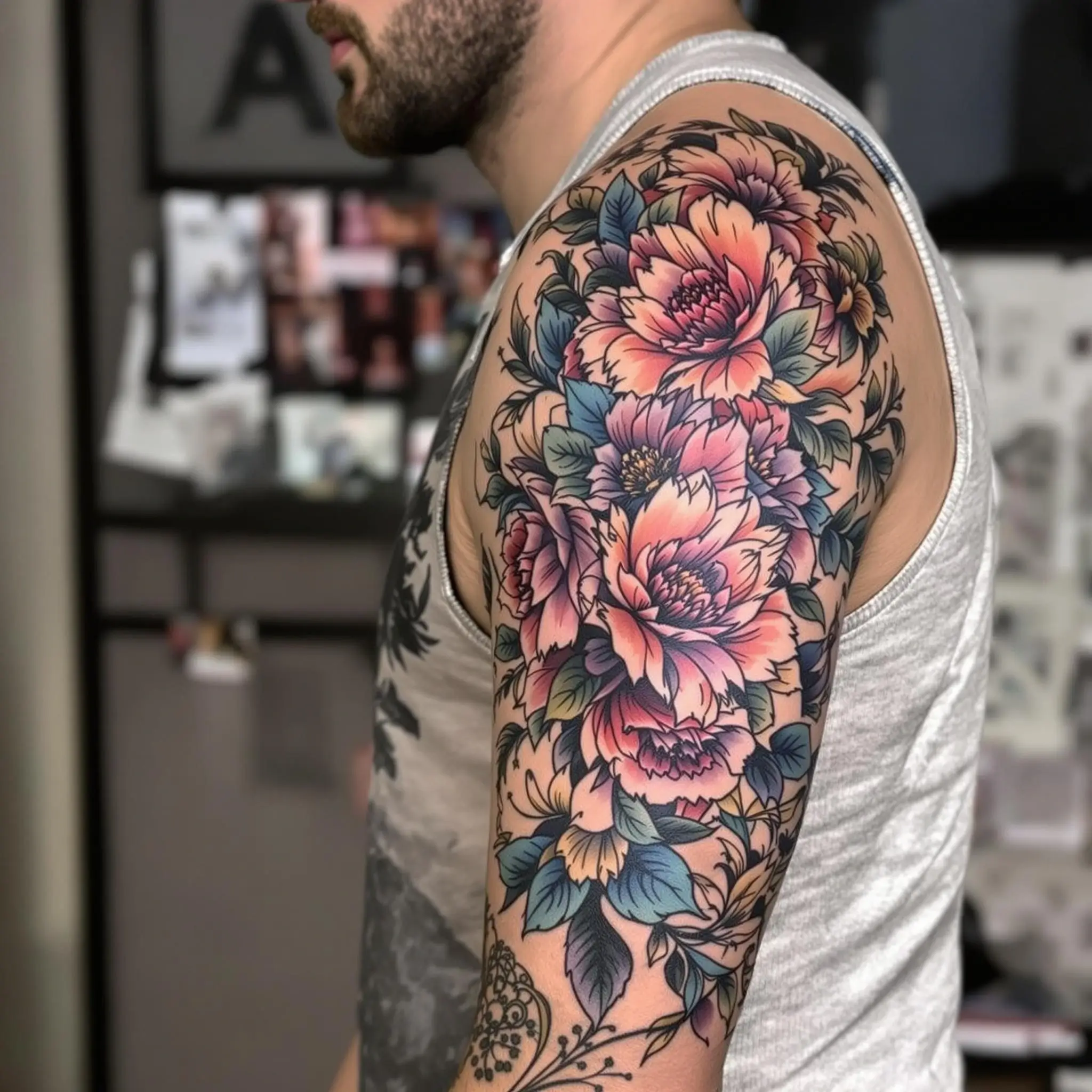 Un tatouage de manche florale vibrante sur un musicien