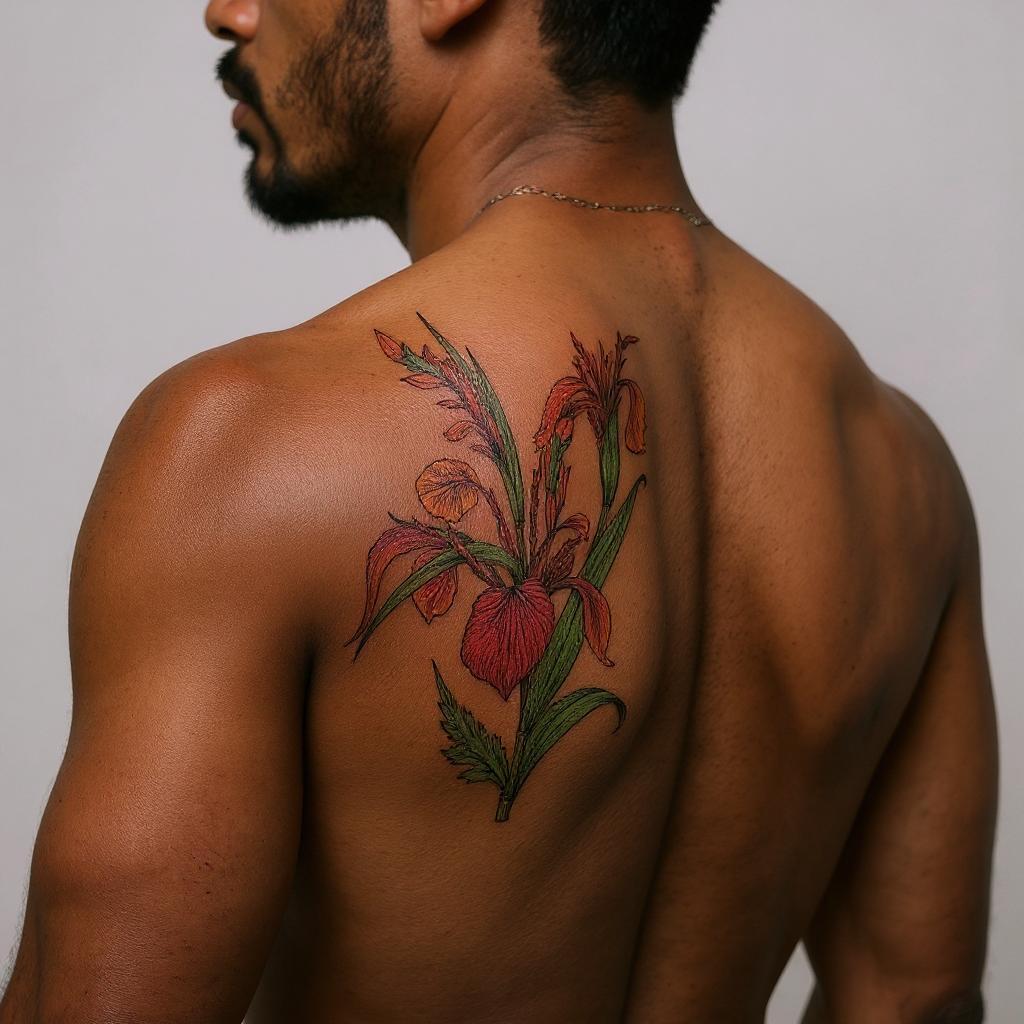 Iris pseudacorus tattoo on shoulder_blade - black