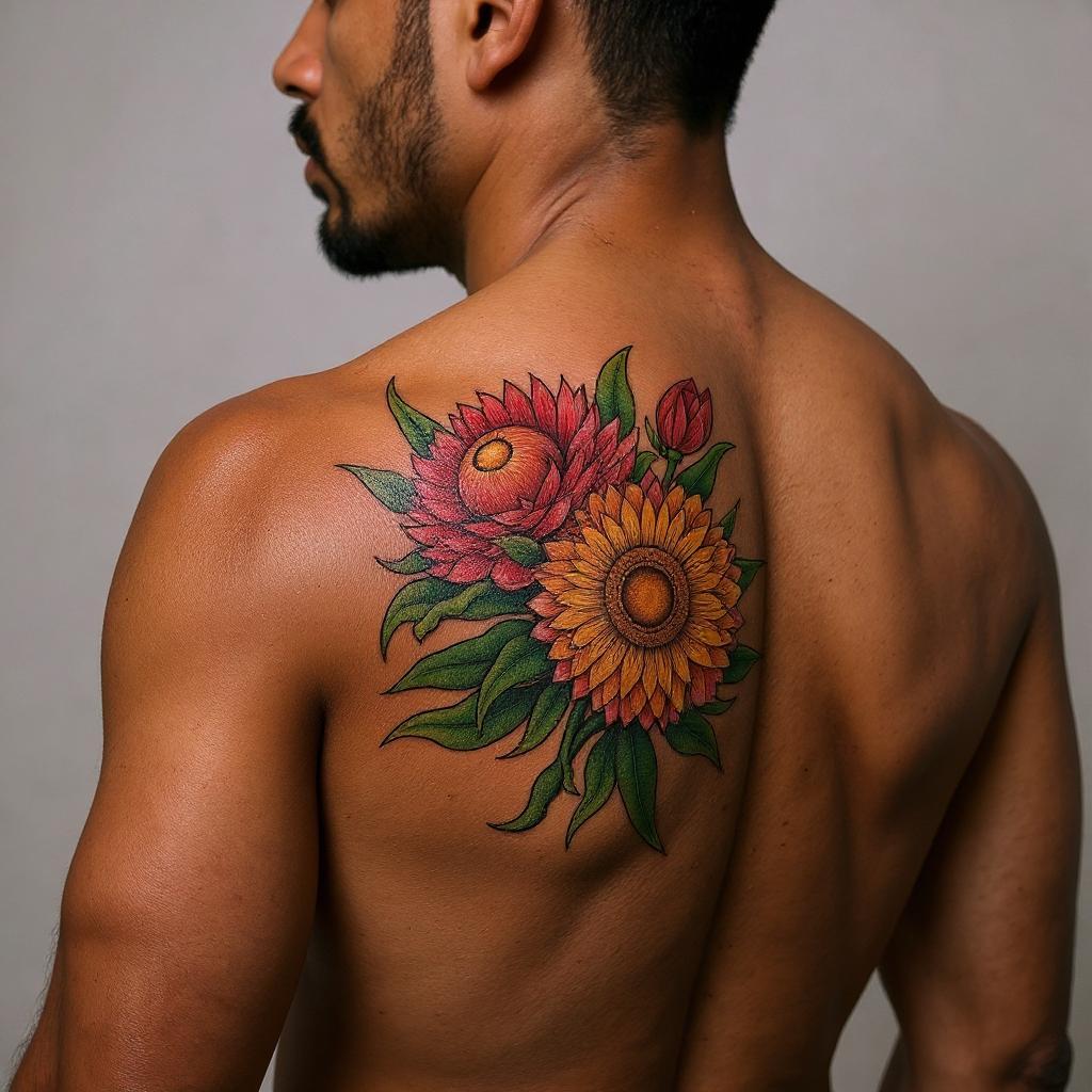 Xerochrysum bracteatum tattoo on shoulder_blade - black