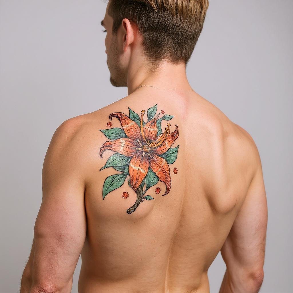 Lilium lancifolium tattoo on shoulder_blade - caucasian