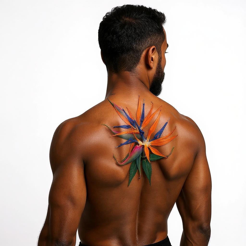 Strelitzia reginae tattoo on shoulder_blade - black