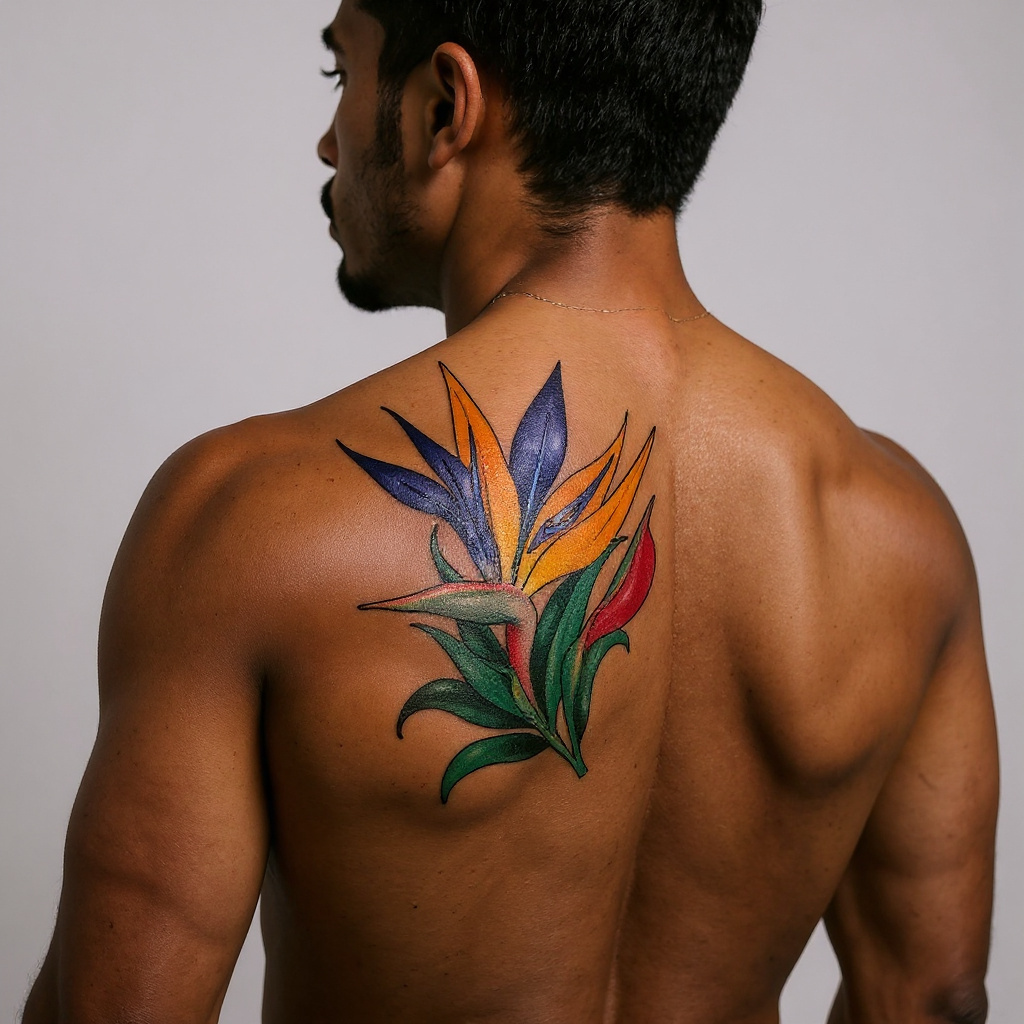 Strelitzia reginae tattoo on shoulder_blade - black
