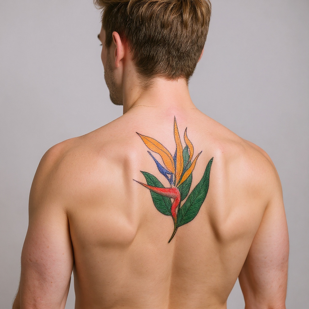 Strelitzia reginae tattoo on shoulder_blade - caucasian