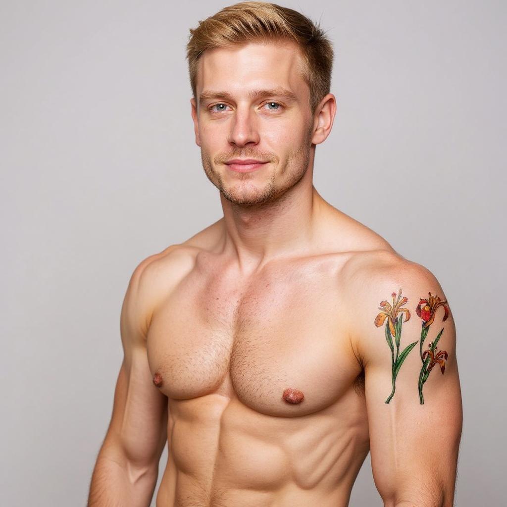 Iris pseudacorus tattoo on shoulder_blade - caucasian
