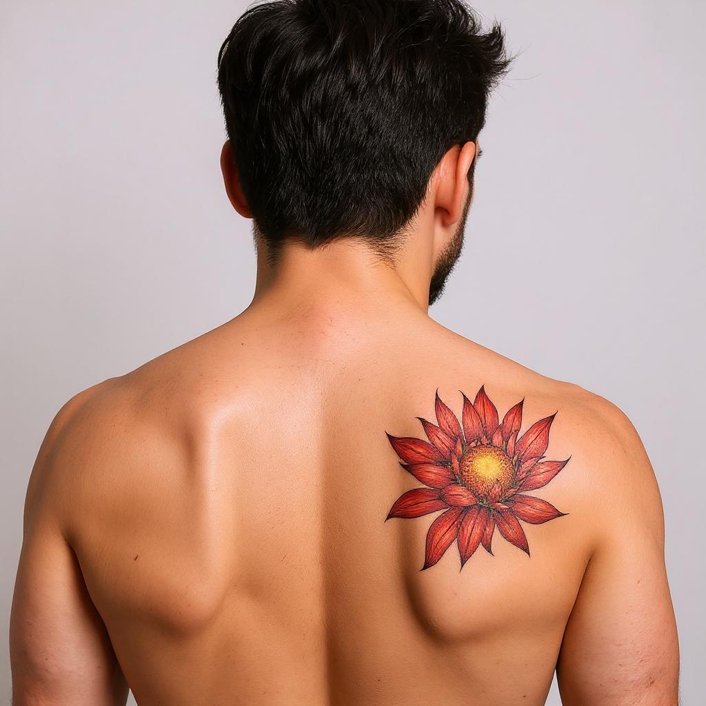 Xerochrysum bracteatum tattoo on shoulder_blade - asian