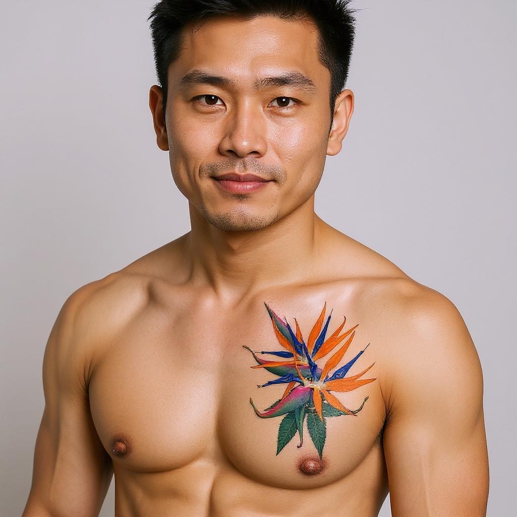 Strelitzia reginae tattoo on shoulder_blade - asian