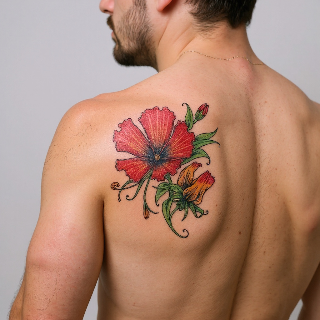 Gloriosa superba tattoo on shoulder_blade - caucasian