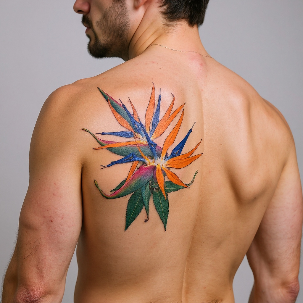 Strelitzia reginae tattoo on shoulder_blade - caucasian