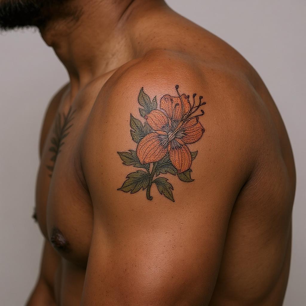 Lilium lancifolium tattoo on shoulder_blade - black