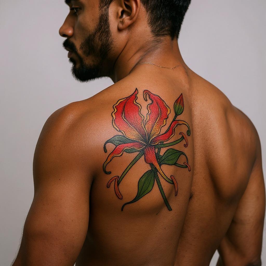 Gloriosa superba tattoo on shoulder_blade - black