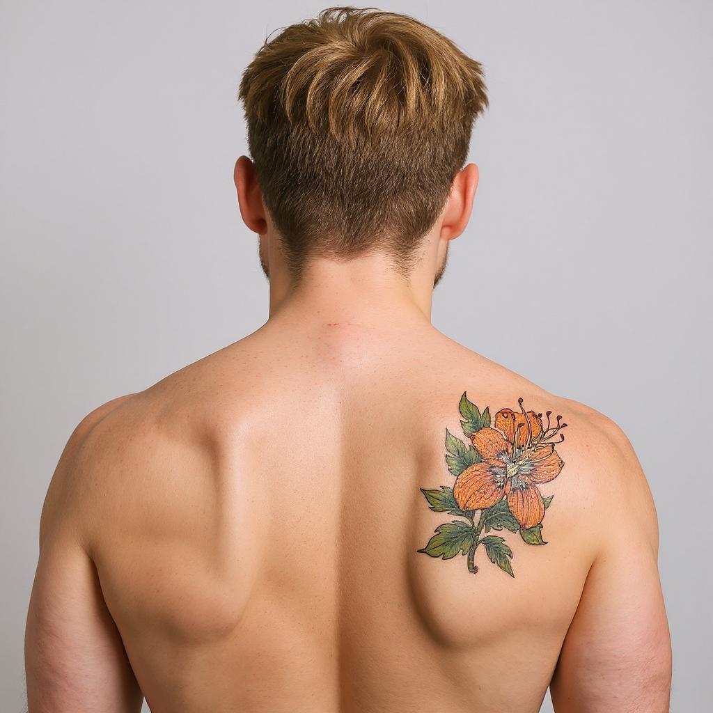 Lilium lancifolium tattoo on shoulder_blade - caucasian