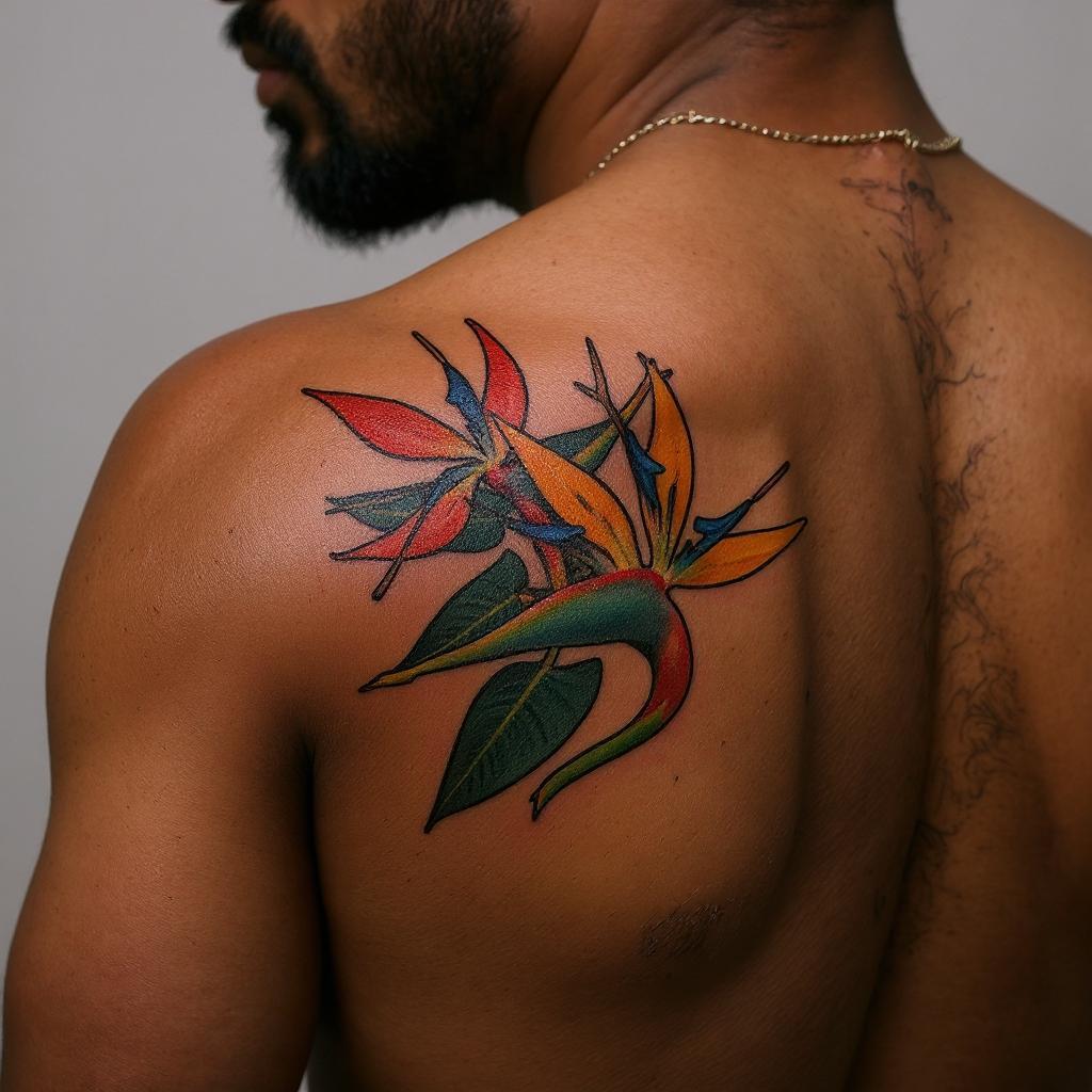 Strelitzia reginae tattoo on shoulder_blade - black
