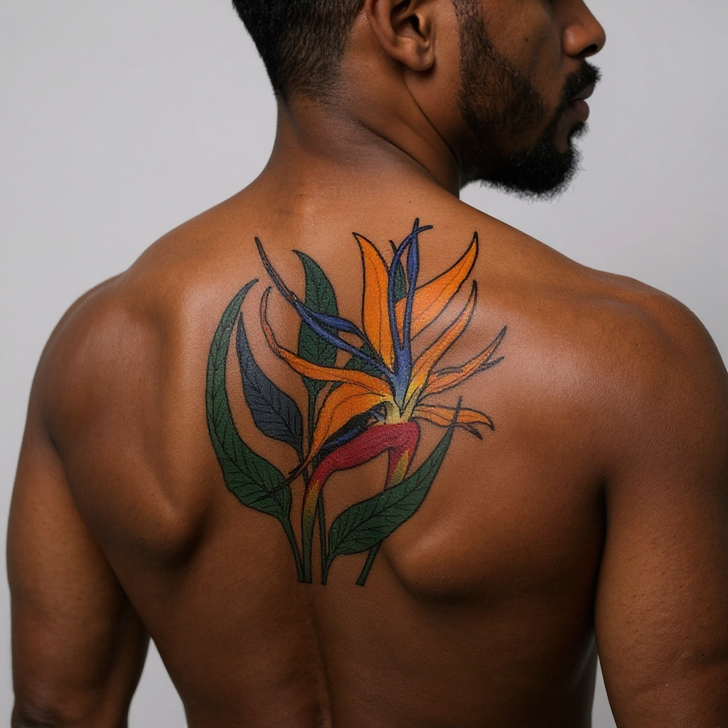 Strelitzia reginae tattoo on shoulder_blade - black