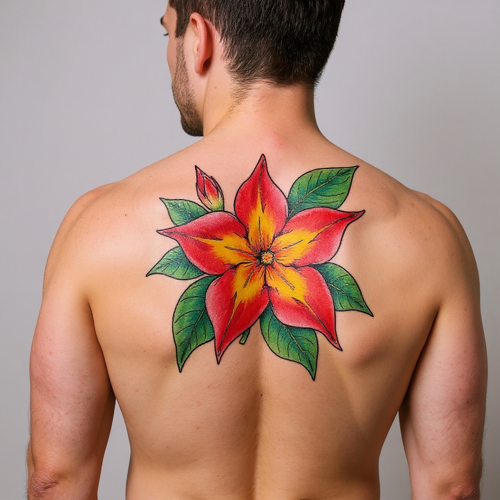 Mandevilla sanderi tattoo on shoulder_blade - caucasian