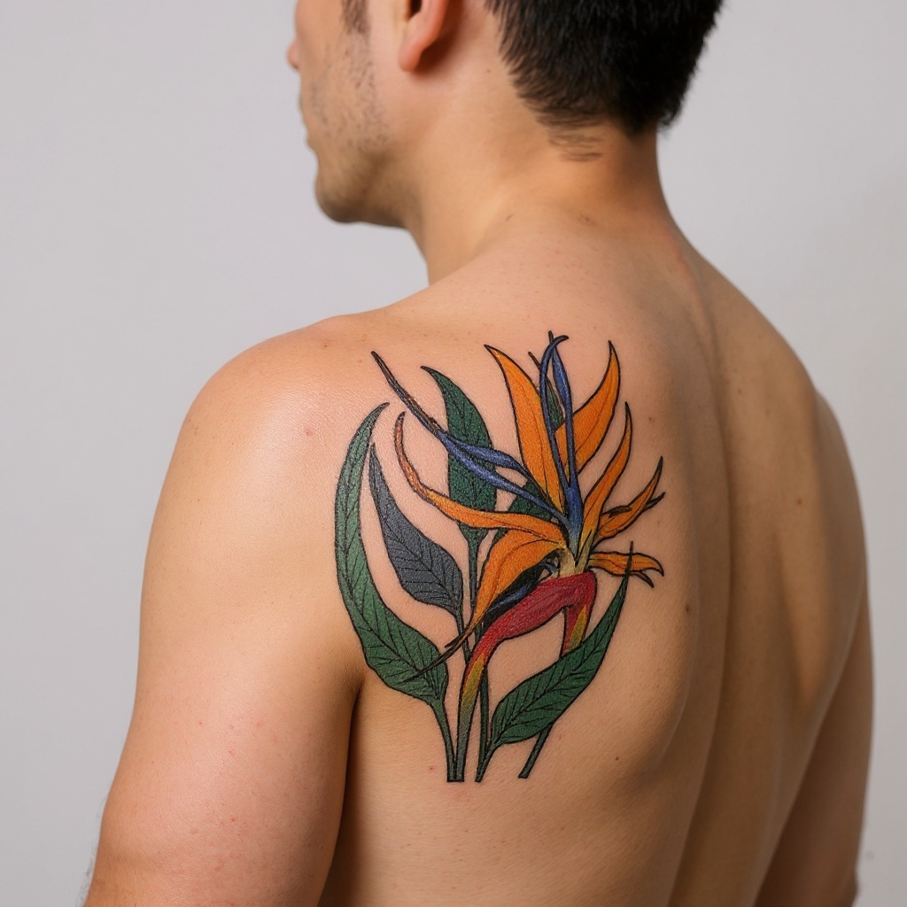 Strelitzia reginae tattoo on shoulder_blade - asian