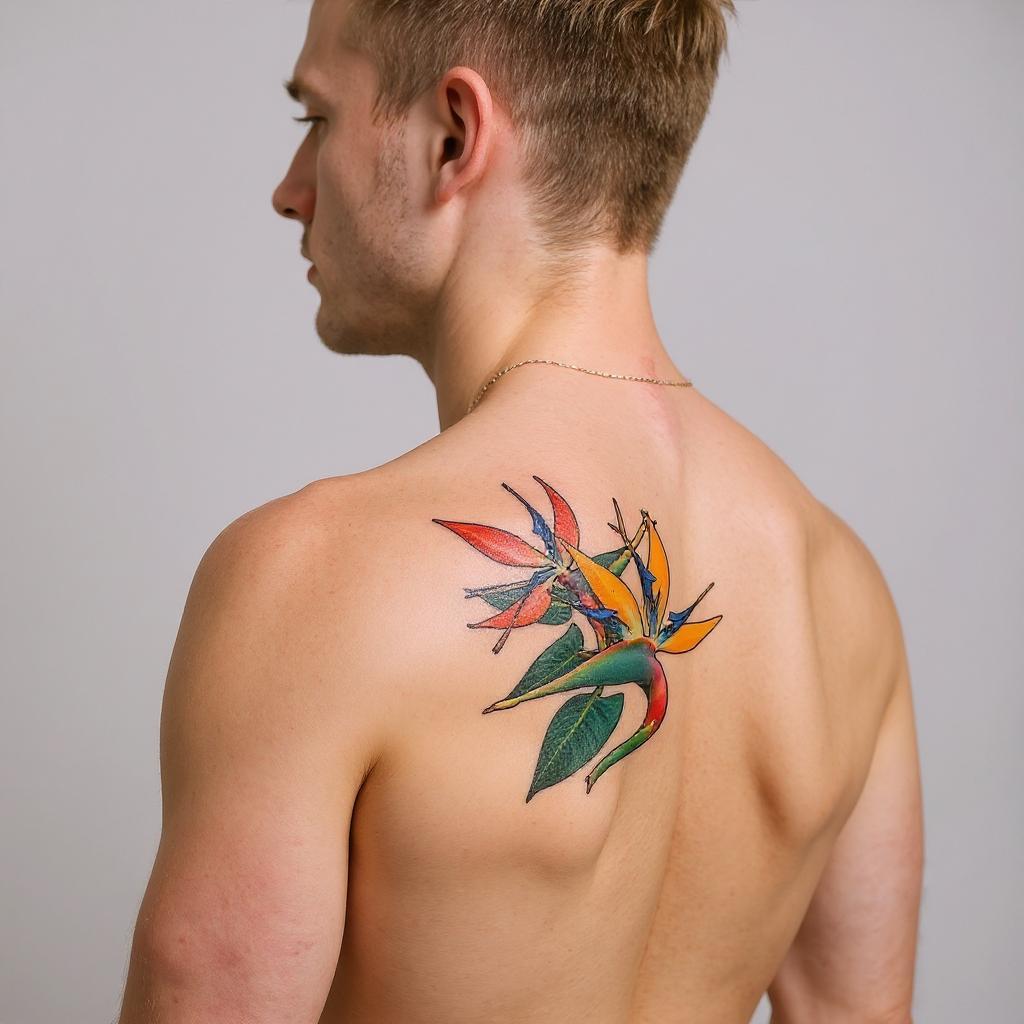 Strelitzia reginae tattoo on shoulder_blade - caucasian
