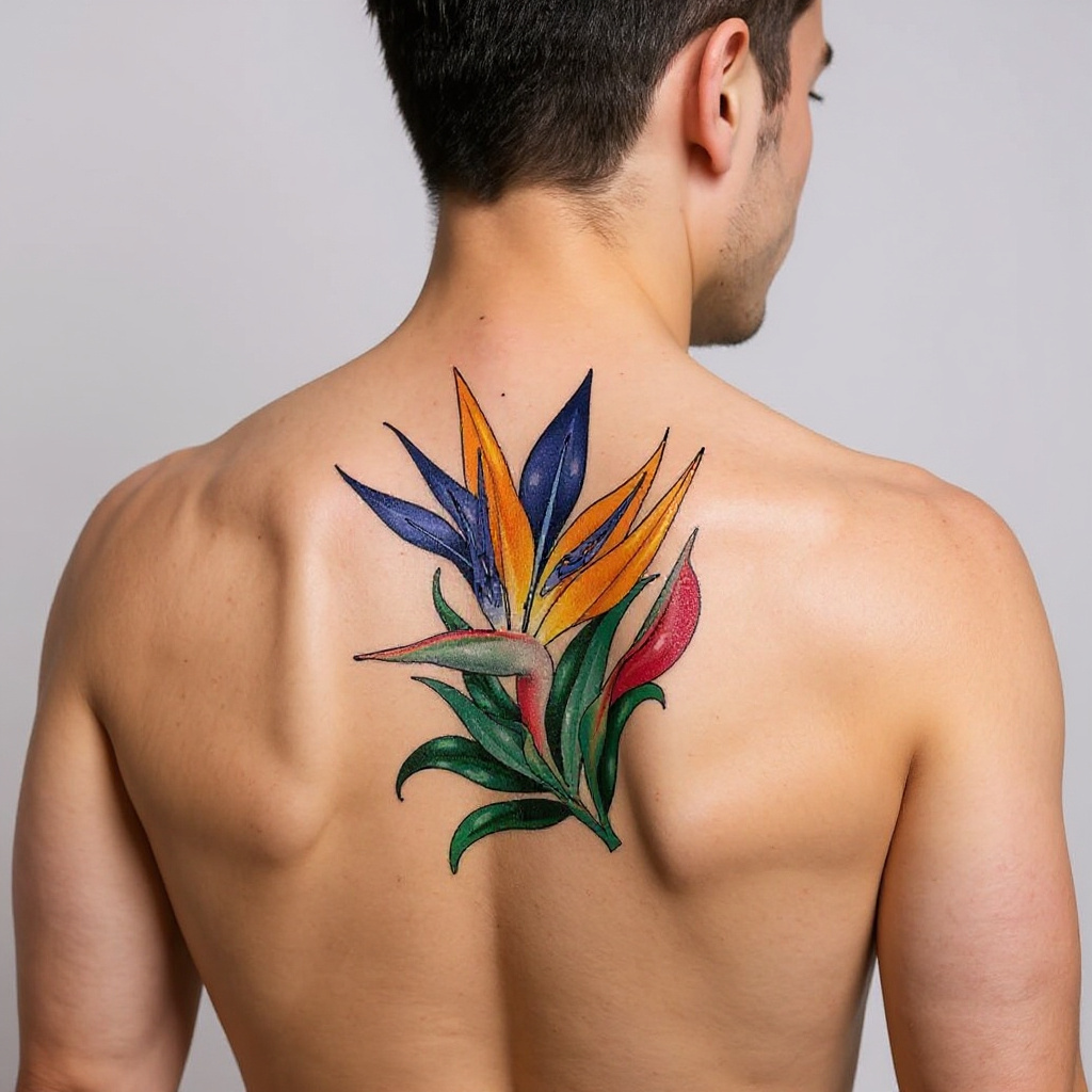 Strelitzia reginae tattoo on shoulder_blade - asian