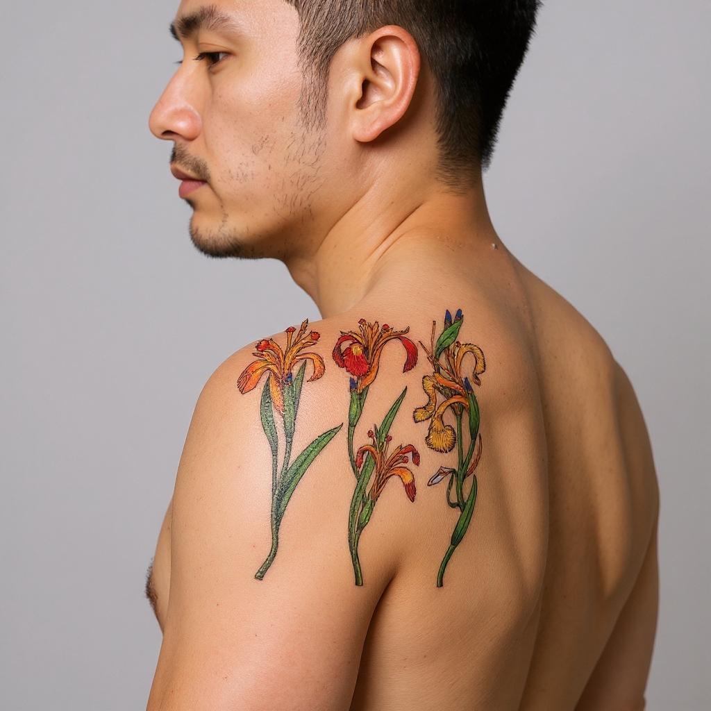 Iris pseudacorus tattoo on shoulder_blade - asian