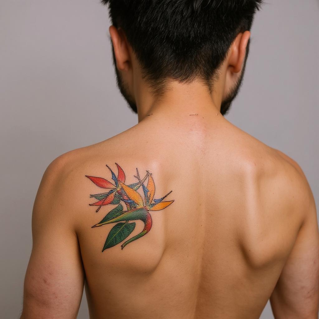 Strelitzia reginae tattoo on shoulder_blade - asian