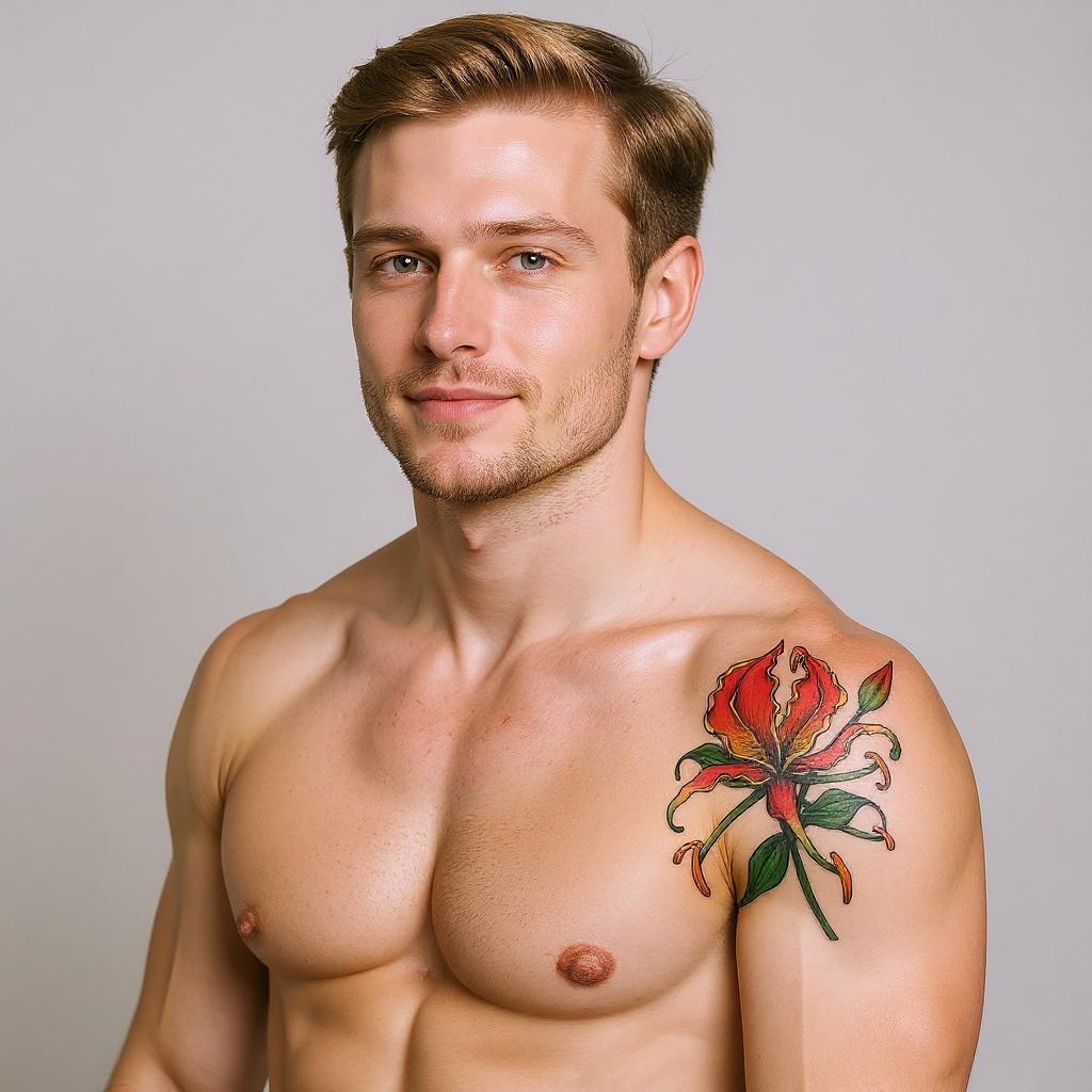 Gloriosa superba tattoo on shoulder_blade - caucasian