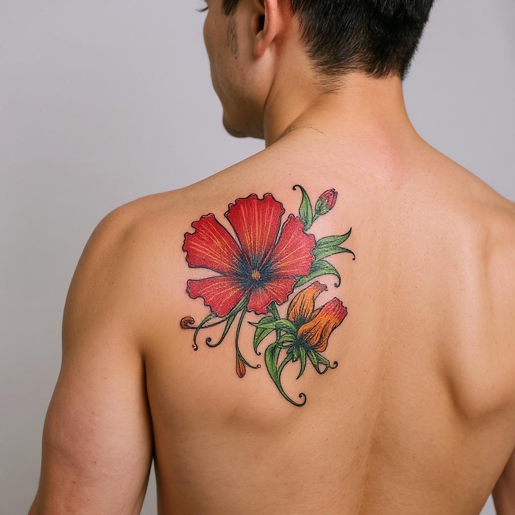 Gloriosa superba tattoo on shoulder_blade - asian
