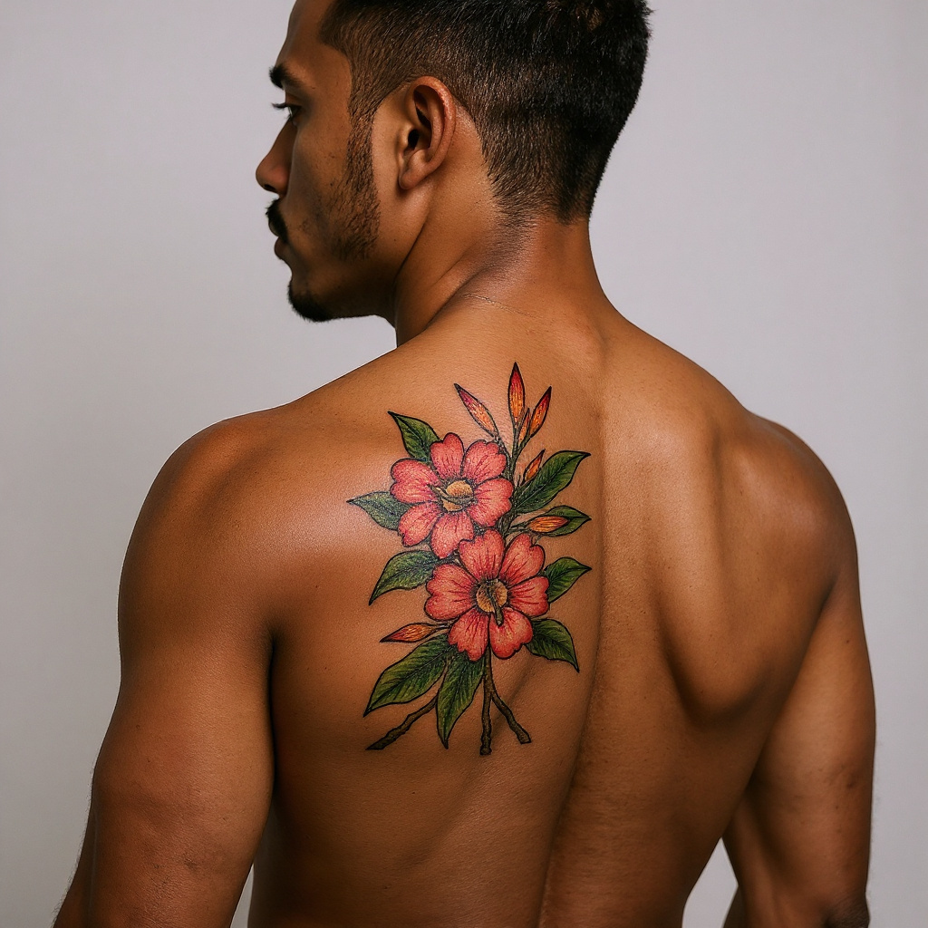Adenium obesum tattoo on shoulder_blade - black
