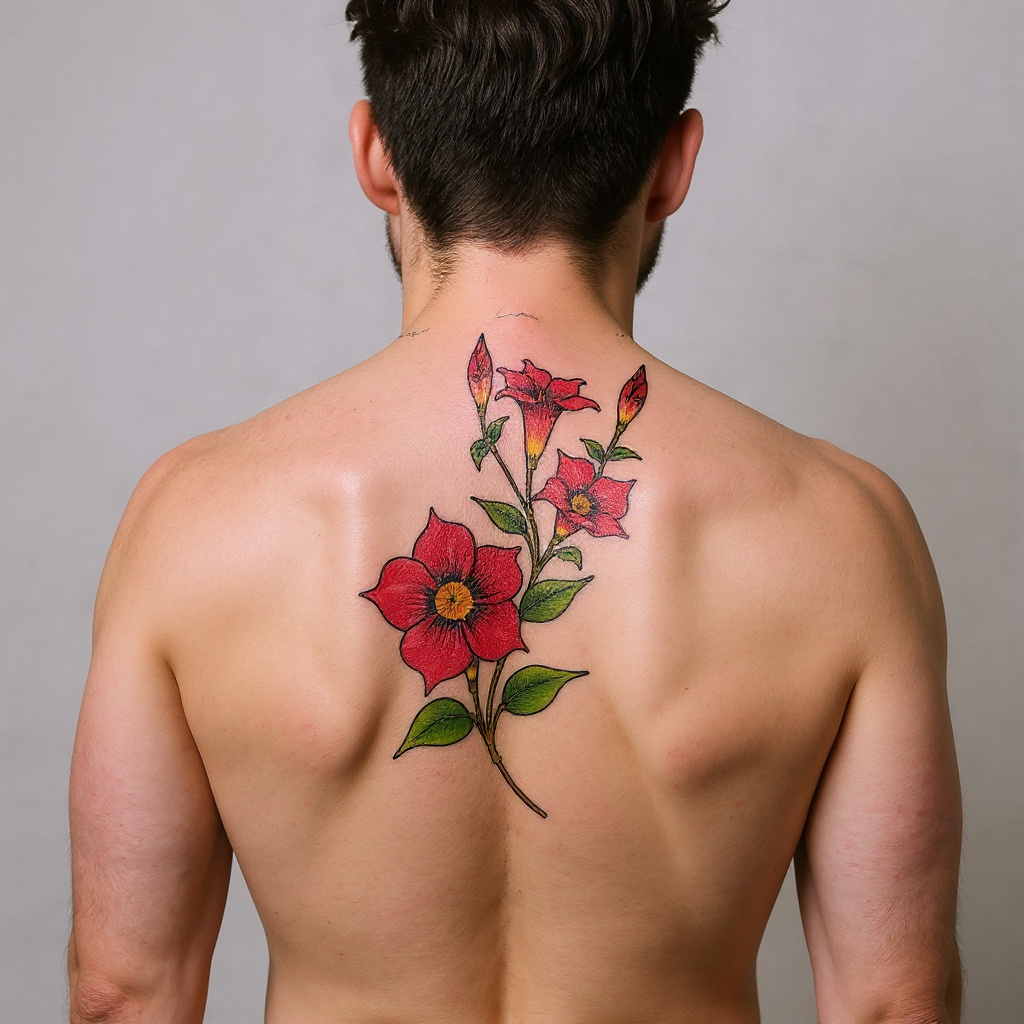 Mandevilla sanderi tattoo on shoulder_blade - caucasian
