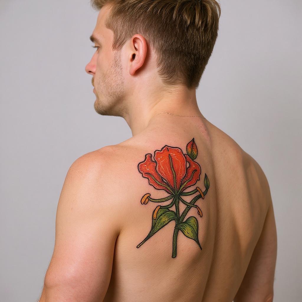 Gloriosa superba tattoo on shoulder_blade - caucasian