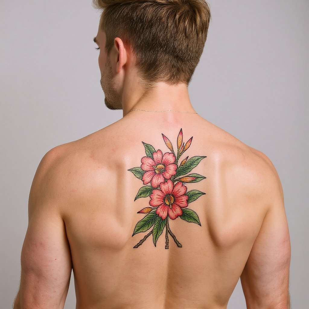 Adenium obesum tattoo on shoulder_blade - caucasian