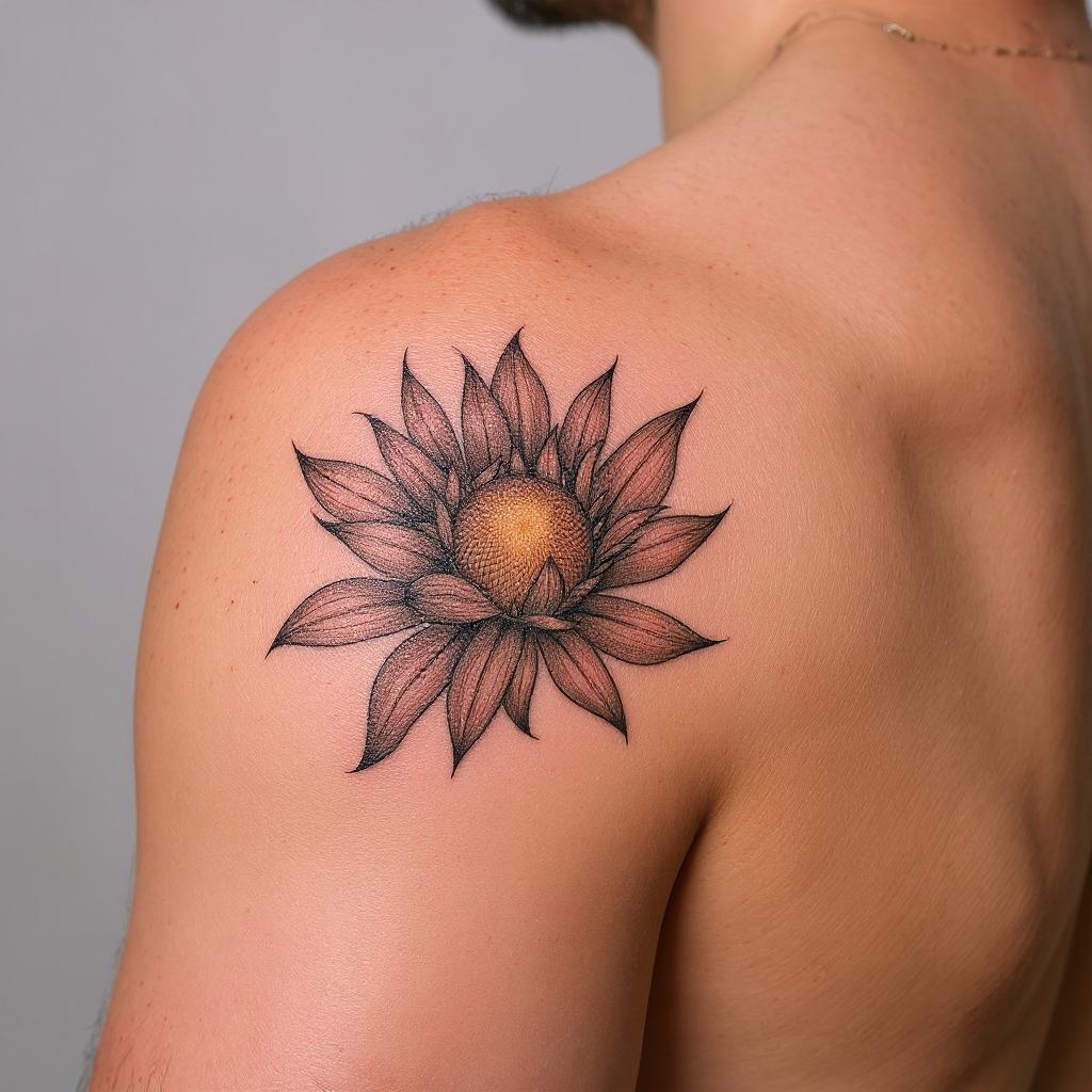 Xerochrysum bracteatum tattoo on shoulder_blade - black