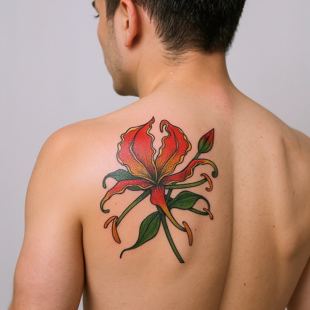 Gloriosa superba tattoo on shoulder_blade - asian