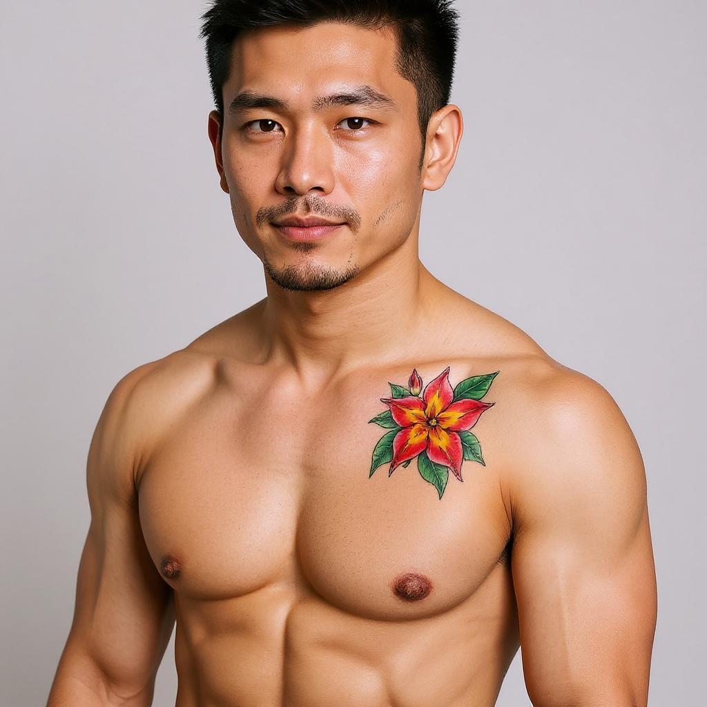 Mandevilla sanderi tattoo on shoulder_blade - asian