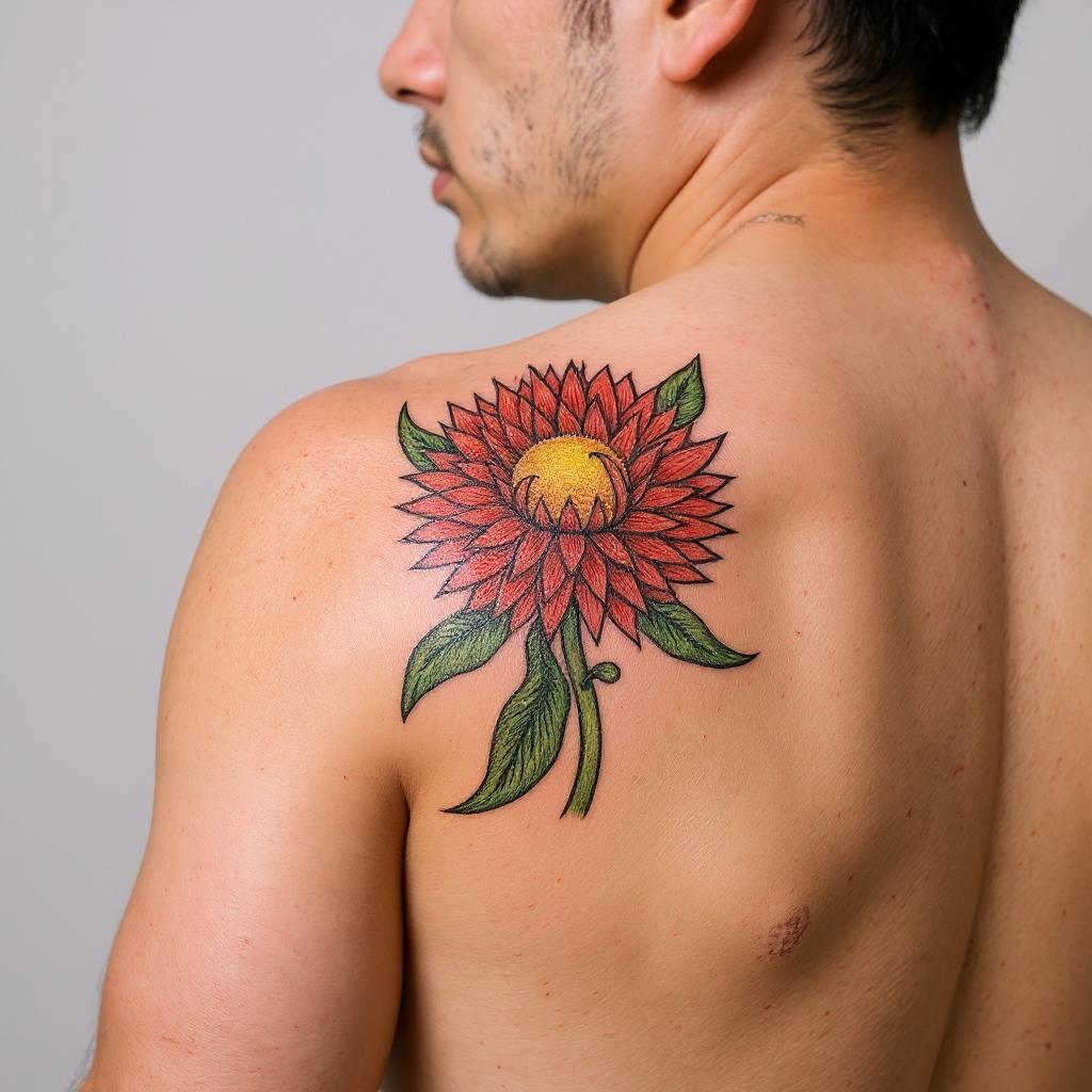 Xerochrysum bracteatum tattoo on shoulder_blade - asian