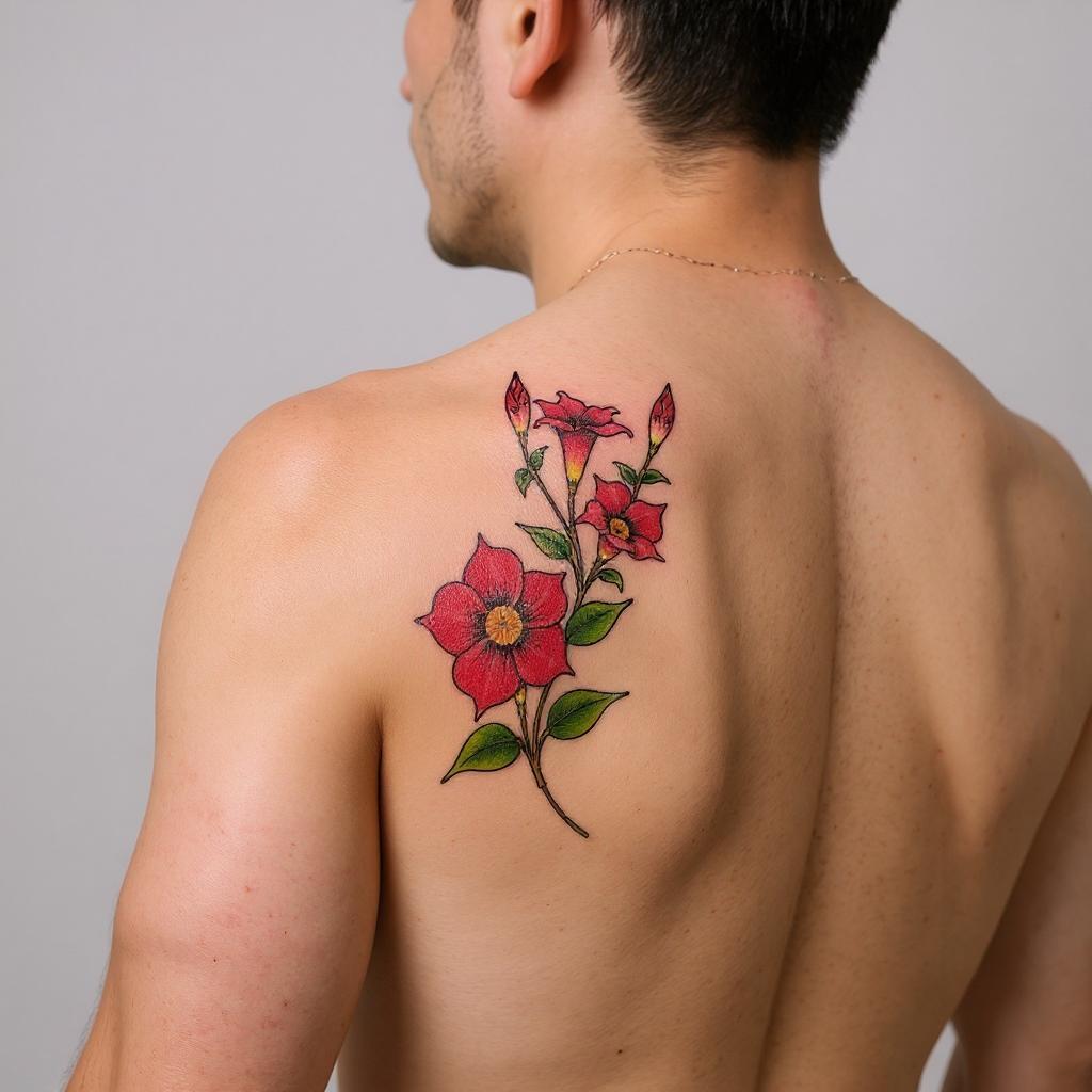 Mandevilla sanderi tattoo on shoulder_blade - asian