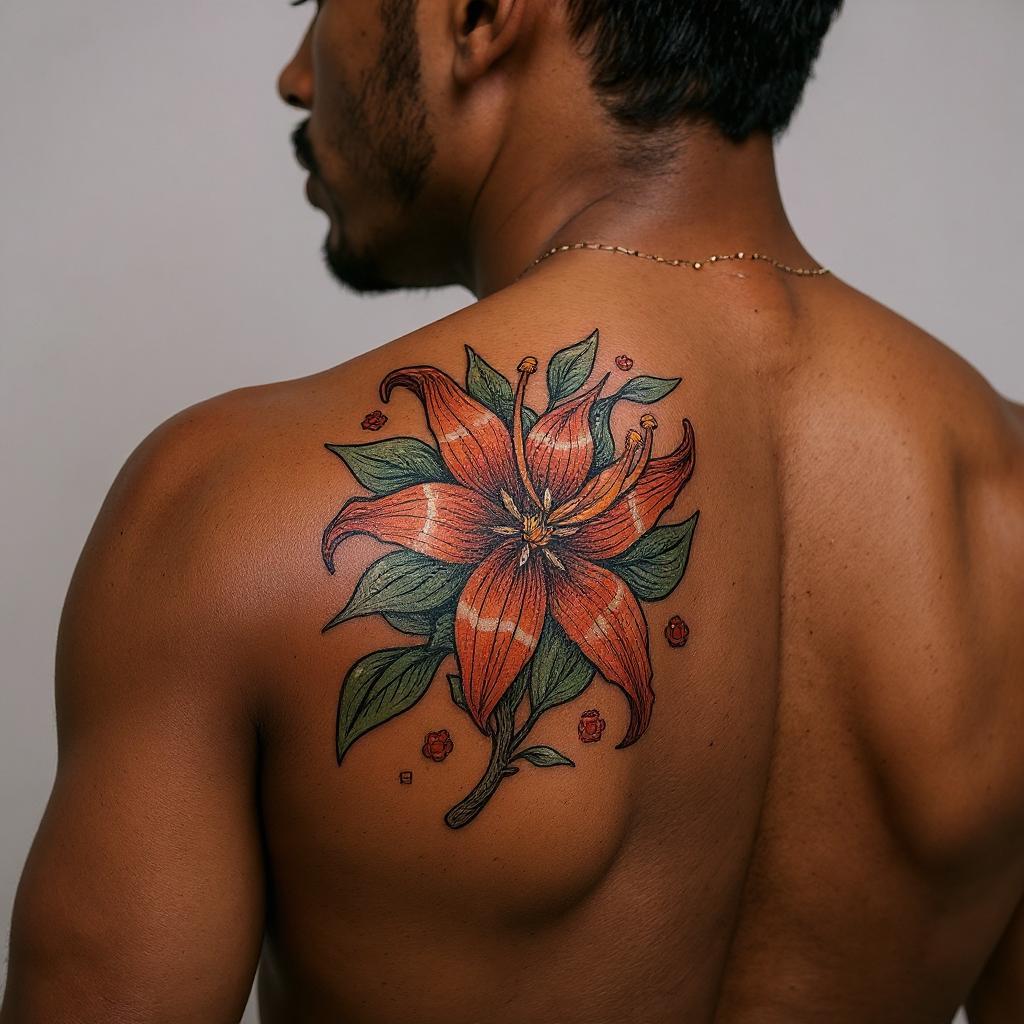 Lilium lancifolium tattoo on shoulder_blade - black