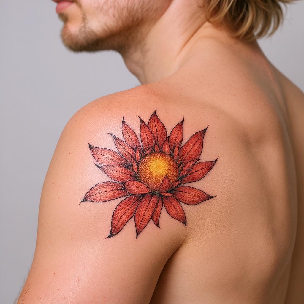 Xerochrysum bracteatum tattoo on shoulder_blade - caucasian
