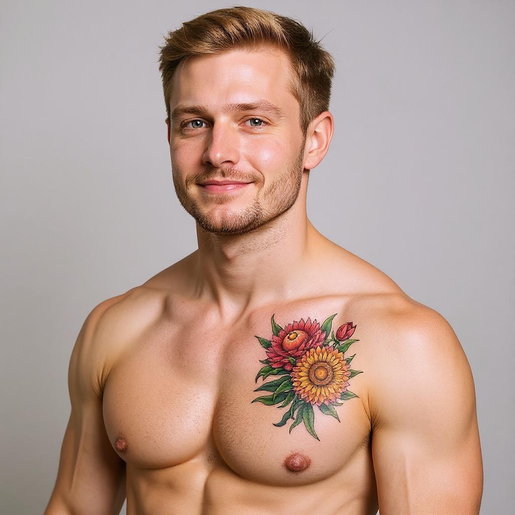 Xerochrysum bracteatum tattoo on shoulder_blade - caucasian