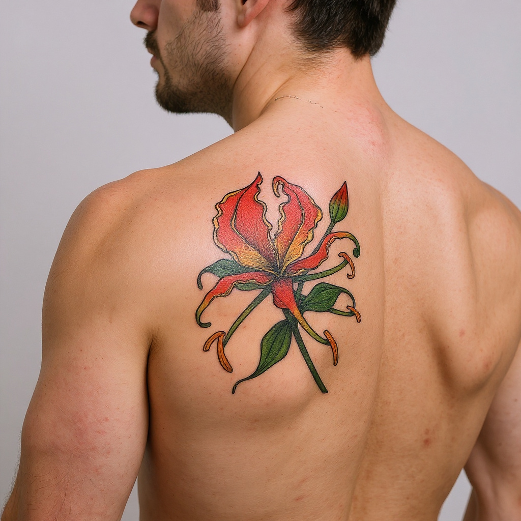 Gloriosa superba tattoo on shoulder_blade - caucasian
