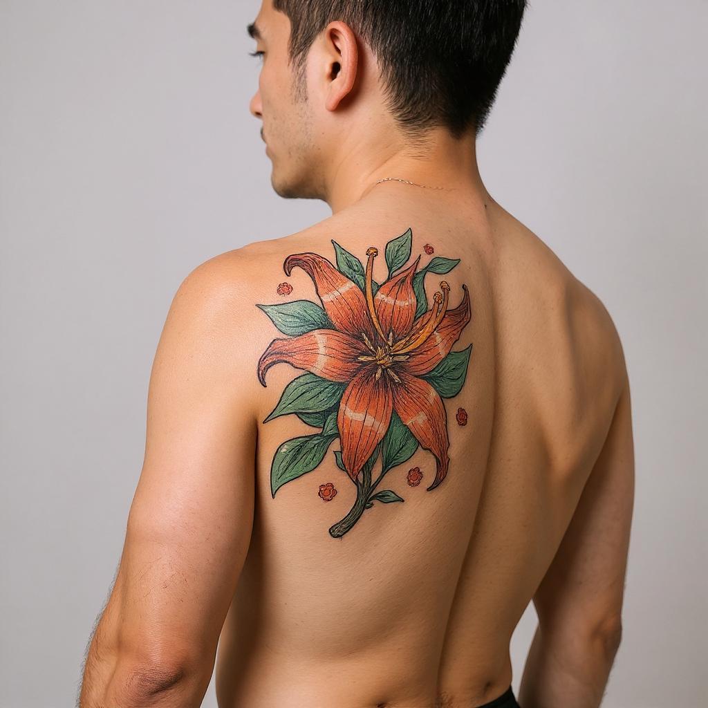 Lilium lancifolium tattoo on shoulder_blade - asian