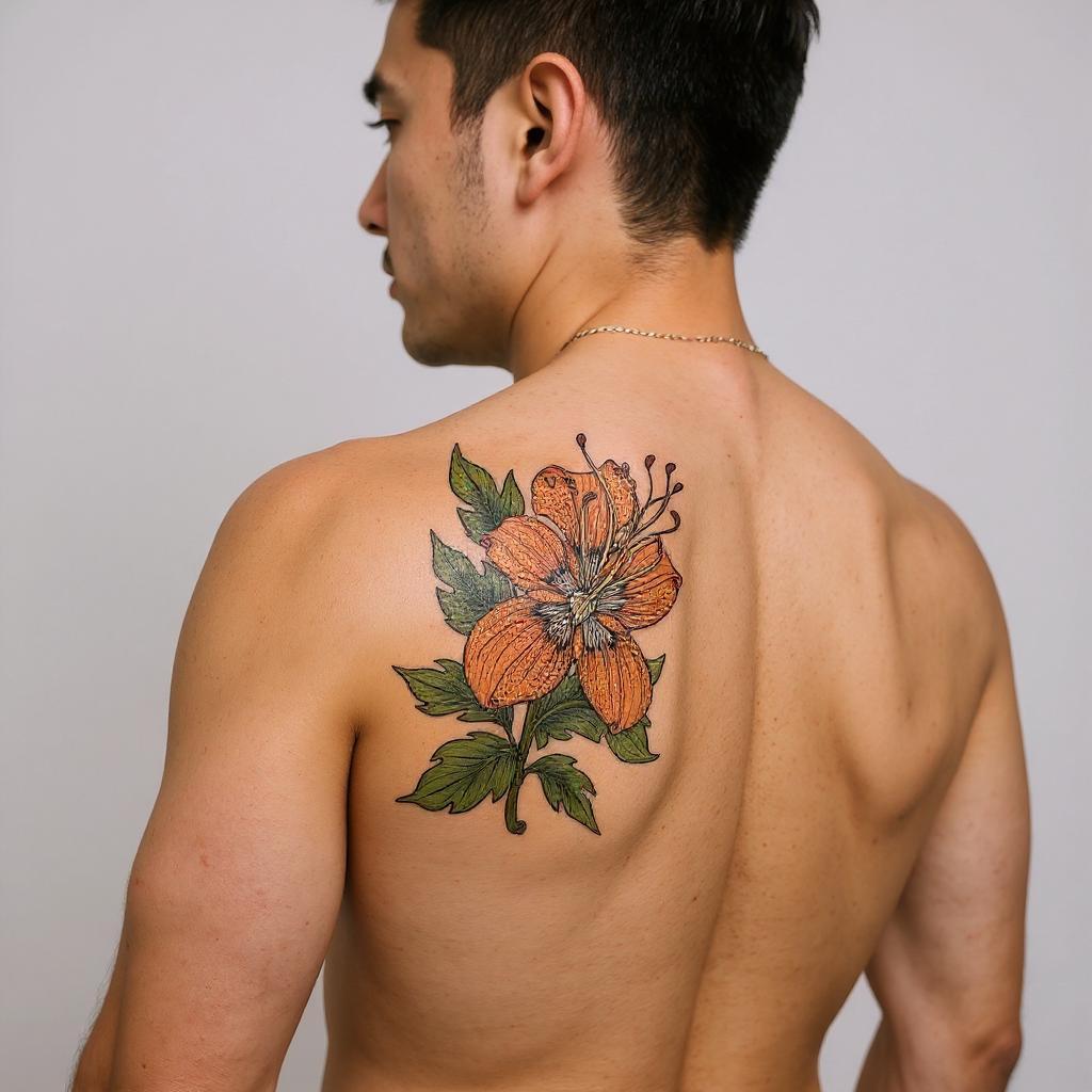 Lilium lancifolium tattoo on shoulder_blade - asian