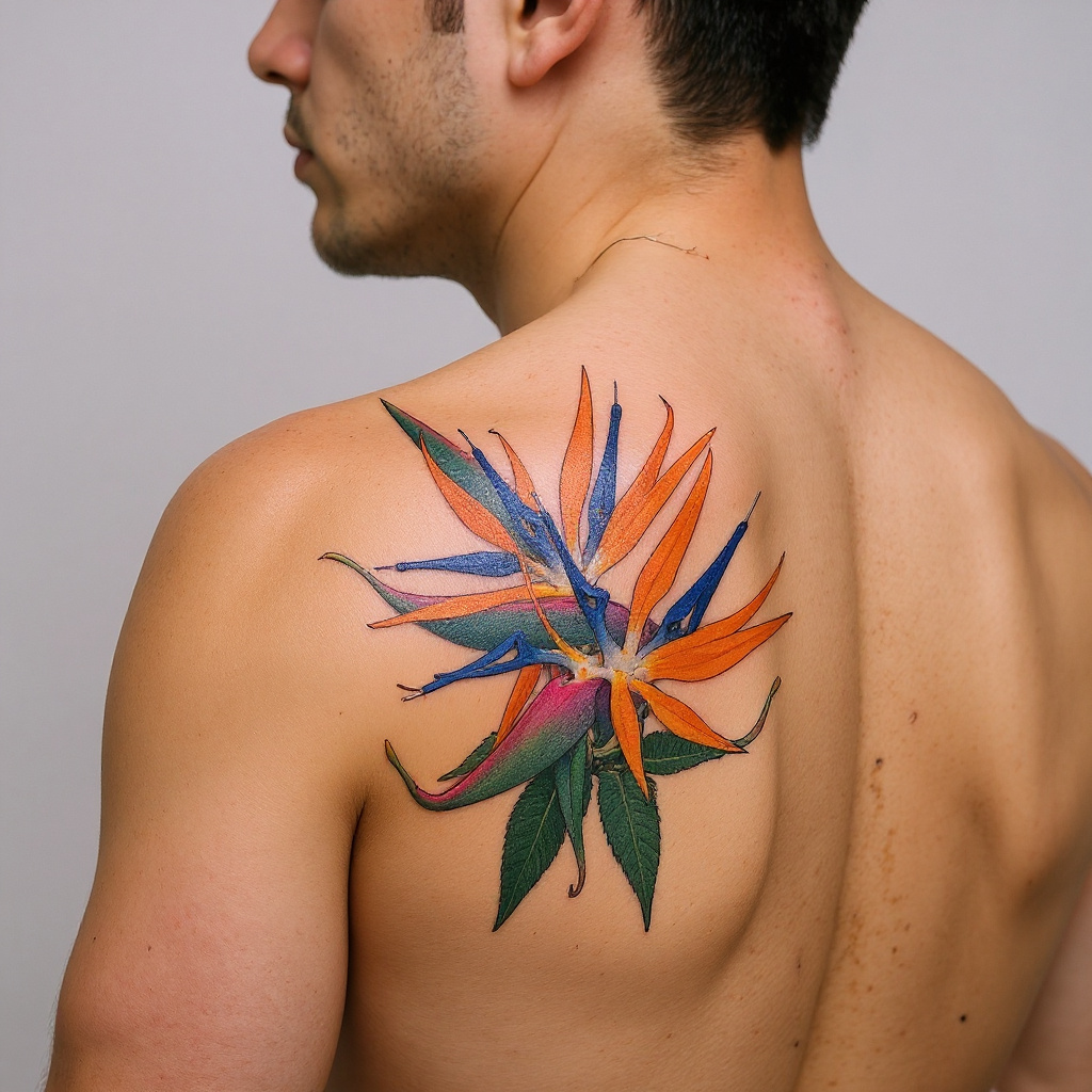 Strelitzia reginae tattoo on shoulder_blade - asian