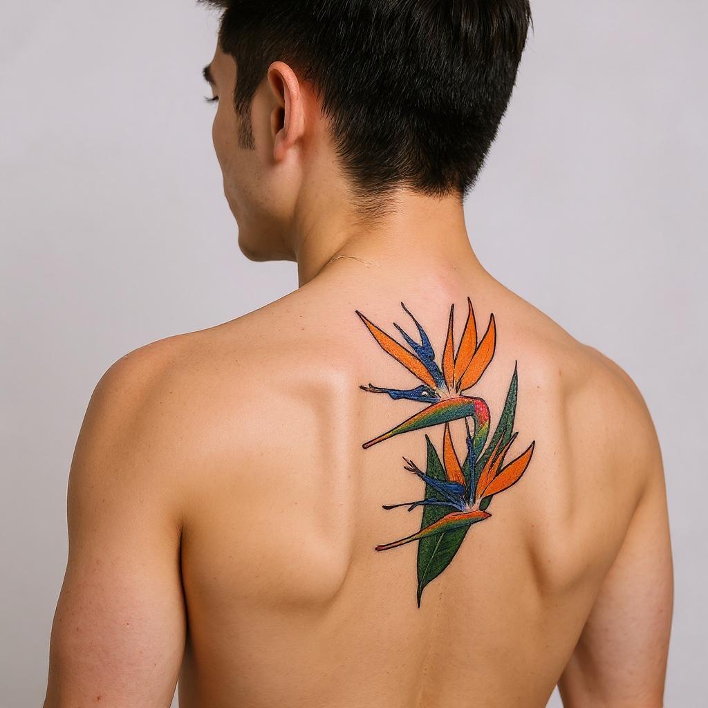 Strelitzia reginae tattoo on shoulder_blade - asian