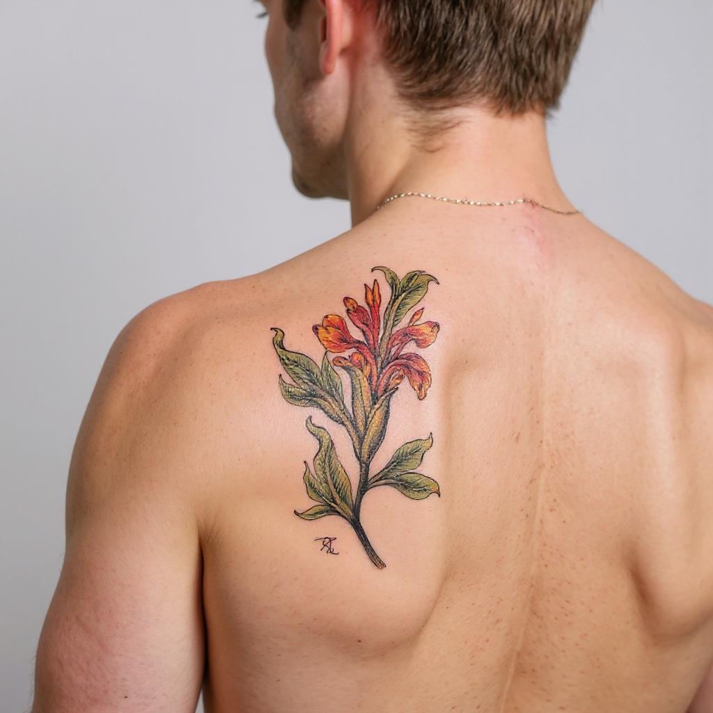 Iris pseudacorus tattoo on shoulder_blade - caucasian