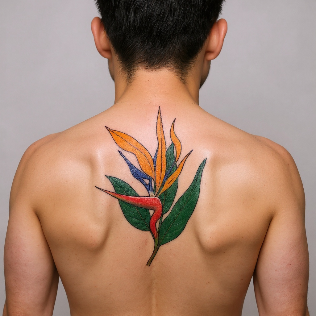 Strelitzia reginae tattoo on shoulder_blade - asian