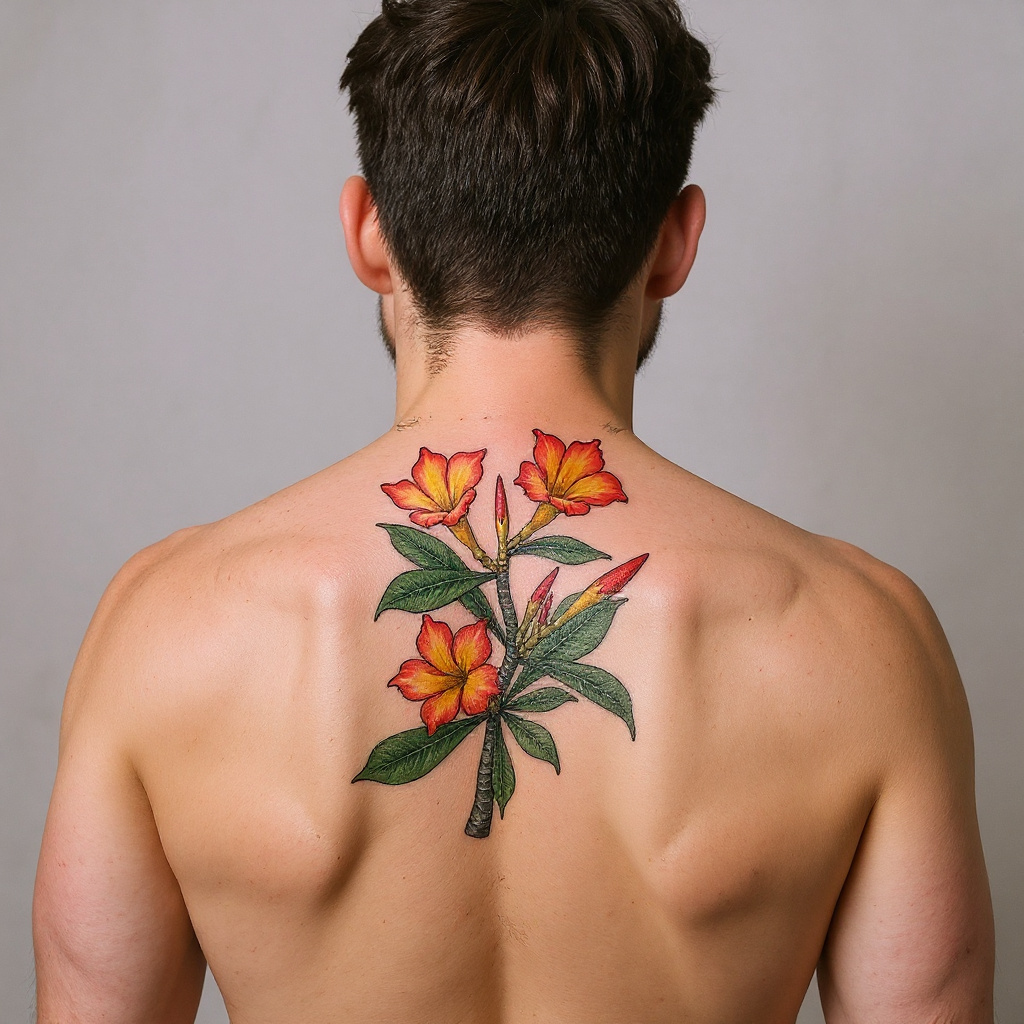 Adenium obesum tattoo on shoulder_blade - caucasian