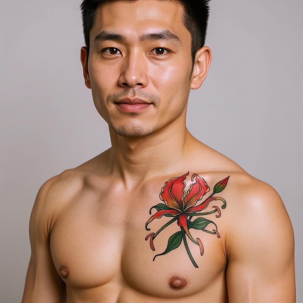 Gloriosa superba tattoo on shoulder_blade - asian